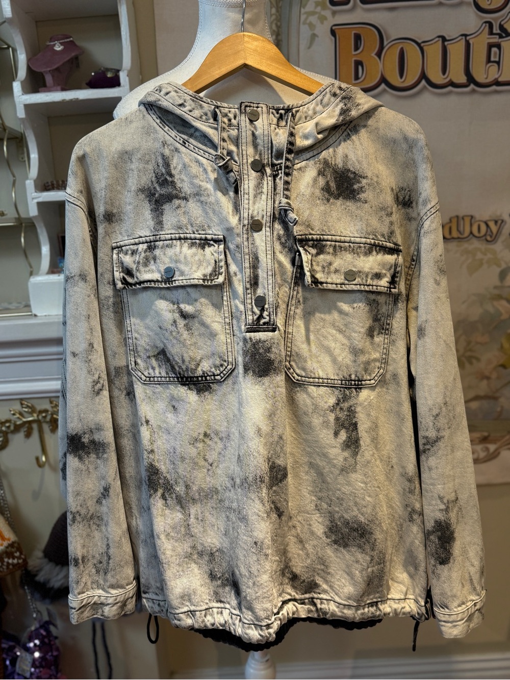 Tie-Dye Washed Hooded Pullover Jacket - Black & Cream